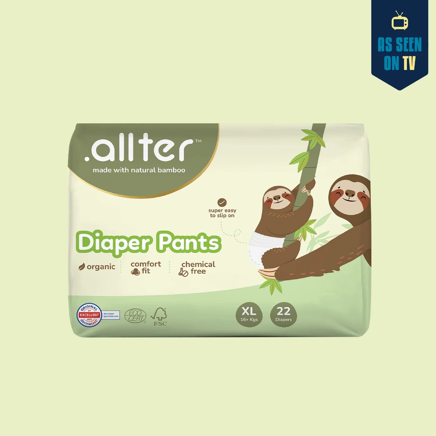allter Organic Bamboo Pant Style Diapers - XL (16kg+), 44 Count - Rash-Free, Ultra-Soft, Quick Absorb & Wetness Indicator