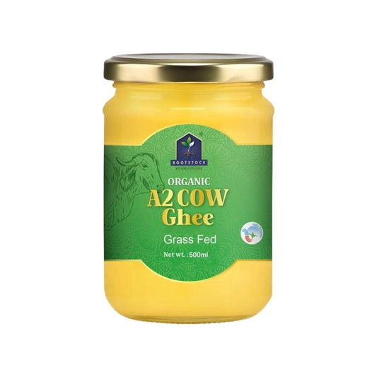 Rootstock Organic A2 Cow Ghee 500ml 100% Pure and Natural A2 Cow Desi Ghee Churned from Vedia Bilona Method Grass-Fed and Hormone-Free Rich in Nutrients and Omega-3
