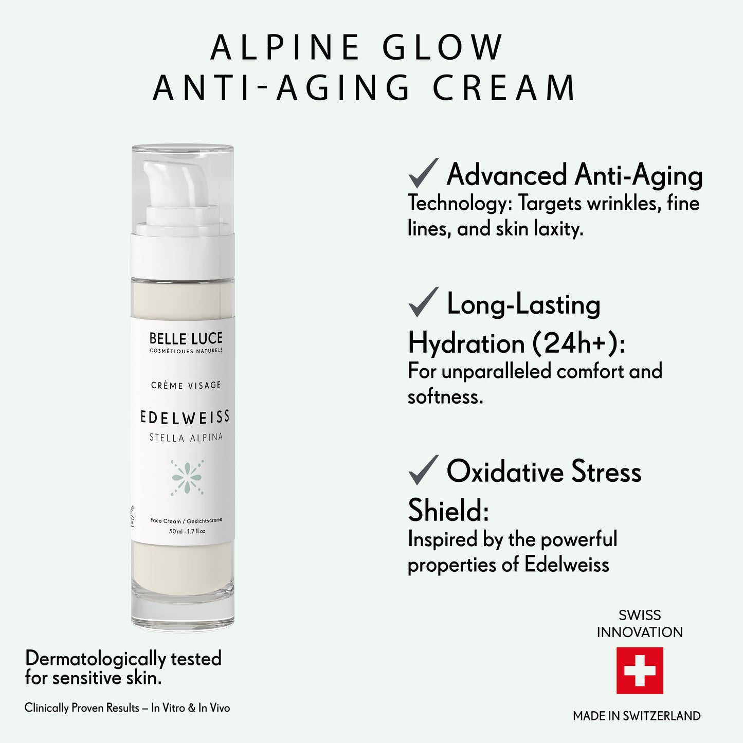Belle Luce Organic Edelweiss and Glacier Water Day Cream - Moisturizing and Anti-aging 50ml