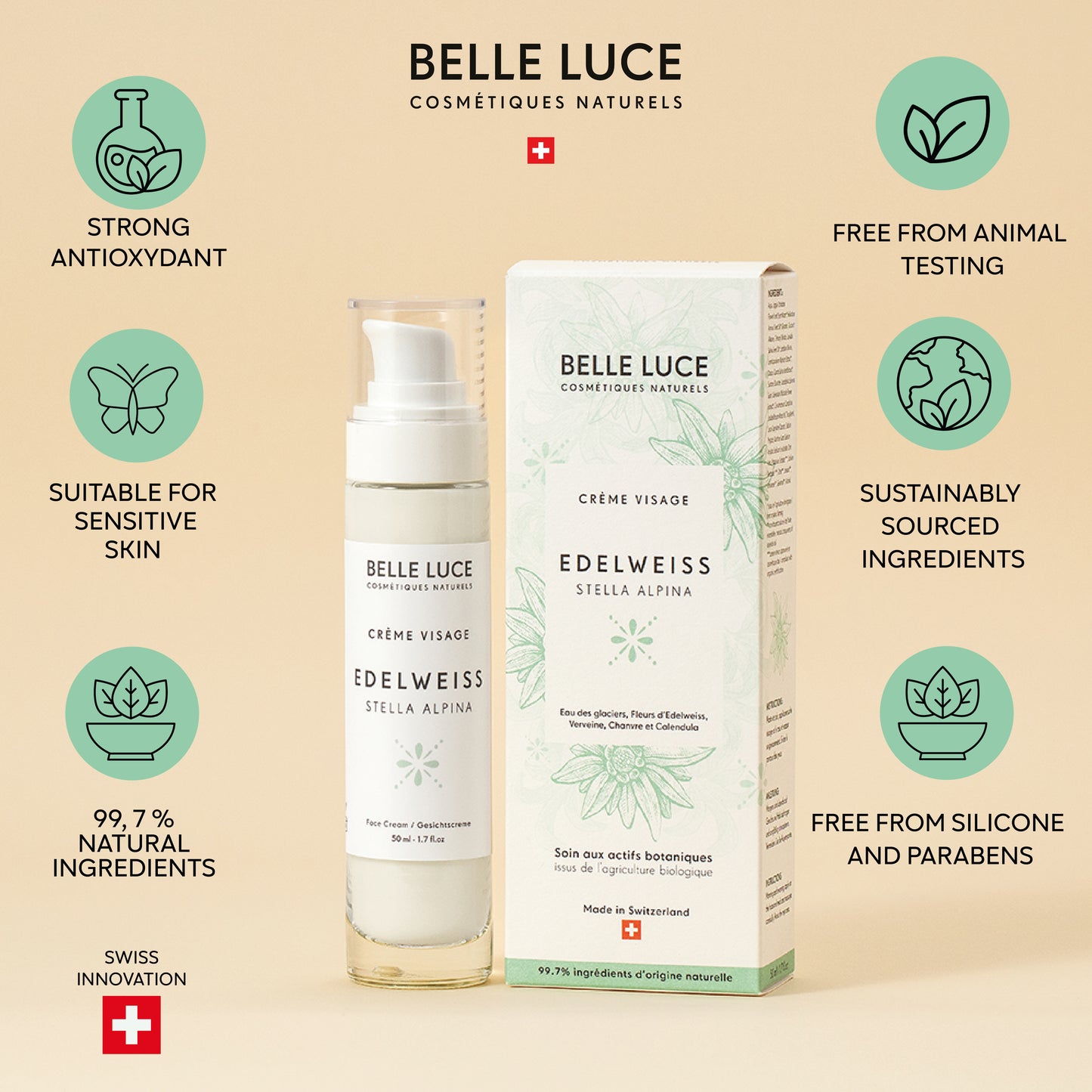 Belle Luce Organic Edelweiss and Glacier Water Day Cream - Moisturizing and Anti-aging 50ml
